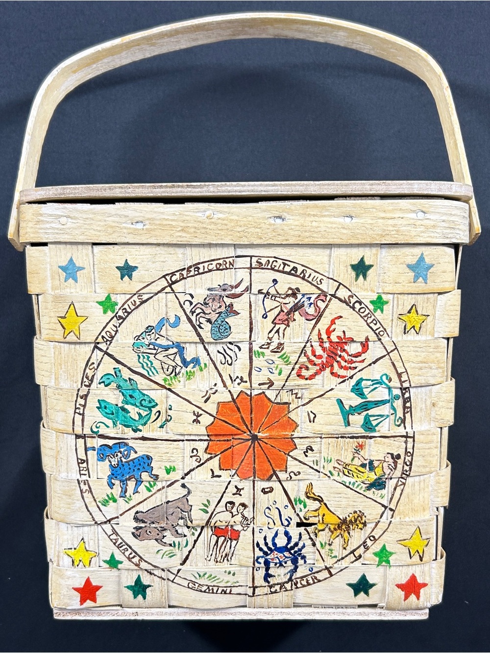 Vintage 1970s Hand Painted Zodiac Aquarius Wicker Basket Purse Astrology